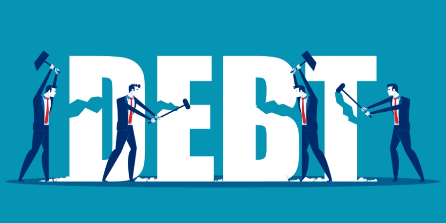 vector cartoon of men hammering away at the word 'debt'